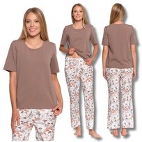 Piżama Damska Dwuczęściowa Moraj Krótki Rękaw Szerokie Spodnie Kwiatki S