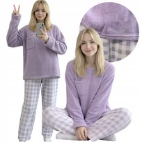 PIŻAMA DAMSKA DWUCZĘŚCIOWA WYGODNA DŁUGI RĘKAW SPODNIE CIEPŁA PLUSZOWA M FIOLETOWA