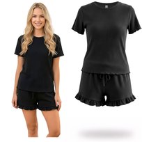 PIŻAMA DAMSKA ELEGANCKA WYGODNA DWUCZĘŚCIOWA Z FALBANKĄ KOMPLET KRÓTKA LETNIA HOMEWEAR STRÓJ DOMOWY XL Morella