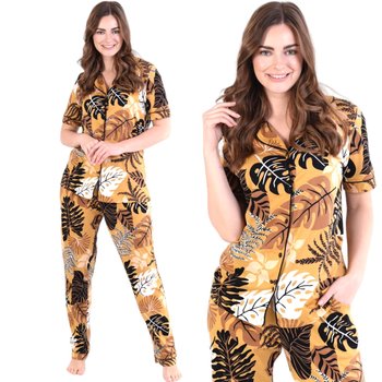 Piżama damska koszula na guziki i długie spodnie pomarańcz brąz liście 2XL - Inna marka