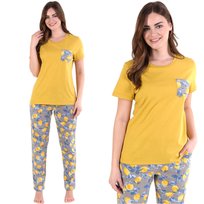 Piżama damska koszulka i długie spodnie żółto-szara w cytryny bawełna L