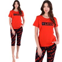 Piżama damska koszulka i spodnie za kolano czerwono-czarna LOVE bawełna 3XL