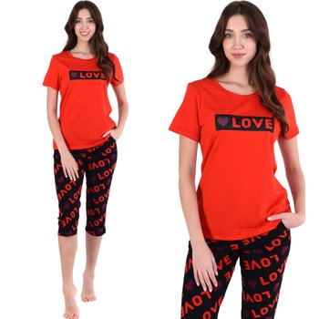 Piżama damska koszulka i spodnie za kolano czerwono-czarna LOVE bawełna XL - Inna marka