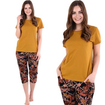 Piżama damska koszulka i spodnie za kolano pomarańczowo-brązowa w listki XL - Inna marka