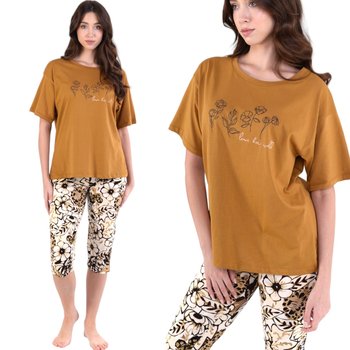Piżama damska koszulka i spodnie za kolano pomarańczowo-kremowa w kwiatki 3XL - Inna marka