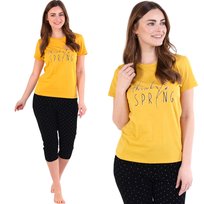 Piżama damska koszulka i spodnie za kolano żółto-czarna w kropki bawełna XL