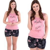 Piżama damska letnia luźna koszulka top i szorty różowo-czarna w kwiatki 2XL