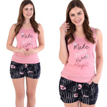 Piżama damska letnia luźna koszulka top i szorty różowo-czarna w kwiatki L - Inna marka