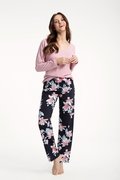 Piżama Damska Luna Kod 614 Pudrowy Róż / Granatowe Spodnie W Kwiaty Magnolii  Xxl - Luna