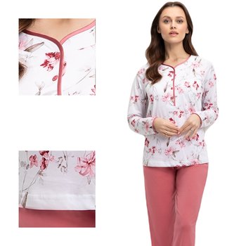 Piżama damska LUNA kod 650 biała różowa beżowa w orientalne kwiaty / różowe spodnie  L - Luna