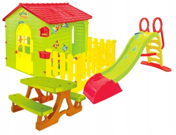 Plac zabaw - Domek ogrodowy z płotkiem + zjeżdżalnia 180 cm + stolik - Mochtoys
