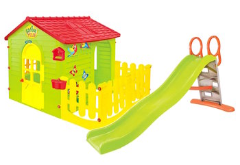 Plac zabaw - domek ogrodowy z płotkiem + Zjeżdżalnia wodna 198 cm Mochtoys - Mochtoys