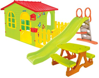 Plac zabaw - duży domek z płotkiem, zjeżdżalnia 198 cm, stolik - Mochtoys