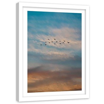 Plakat dekoracyjny w ramie białej FEEBY Chmury niebo lecące ptaki, 40x50 cm - Feeby