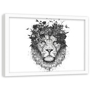 Plakat dekoracyjny w ramie białej FEEBY Czarno-biały lew, 70x50 cm - Feeby