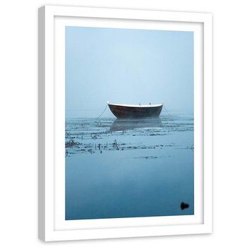 Plakat dekoracyjny w ramie białej FEEBY Łódka przy brzegu we mgle, 20x30 cm - Feeby