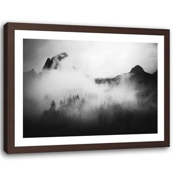 Plakat dekoracyjny w ramie brązowej FEEBY Góry we mgle las, 90x60 cm - Feeby
