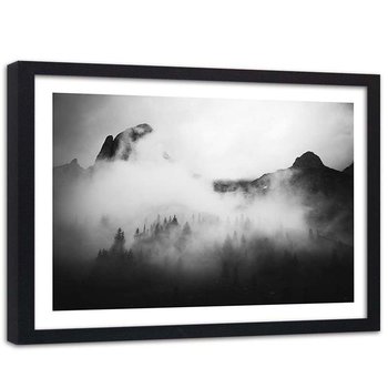 Plakat dekoracyjny w ramie czarnej FEEBY Las i szczyty górskie we mgle, 40x30 cm - Feeby