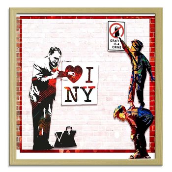 Plakat dekoracyjny w ramie naturalnej FEEBY Banksy murale doktor i dwóch chłopców, 40x40 cm - Feeby