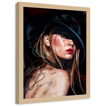 Plakat dekoracyjny w ramie naturalnej FEEBY Kapelusz kobieta portret, 50x70 cm - Feeby