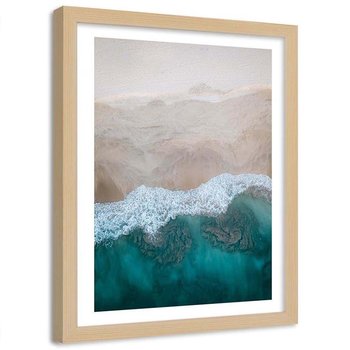 Plakat dekoracyjny w ramie naturalnej FEEBY Morskie fale na plaży widok z góry, 13x18 cm - Feeby
