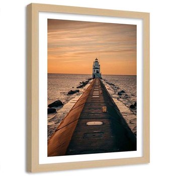 Plakat dekoracyjny w ramie naturalnej FEEBY Zachód słońca latarnia morska morze, 60x80 cm - Feeby