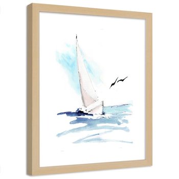 Plakat dekoracyjny w ramie naturalnej FEEBY Żaglówka na morzu ptaki morskie, 20x30 cm - Feeby