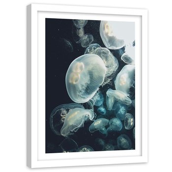 Plakat na ścianę w ramie białej FEEBY Pływające meduzy, 40x50 cm - Feeby