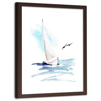 Plakat na ścianę w ramie brązowej FEEBY Morze żaglówka morskie ptaki, 50x70 cm - Feeby