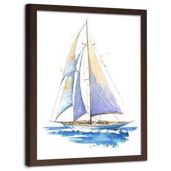 Plakat ozdobny w ramie brązowej FEEBY Jacht na morzu, 60x90 cm - Feeby
