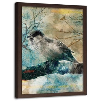Plakat ozdobny w ramie brązowej, Ptak na gałęzi Przyroda - Plakat w ramie brązowej - 20x30 - Feeby