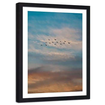 Plakat ozdobny w ramie czarnej FEEBY Zachód słońca lecące ptaki chmury niebo, 21x30 cm - Feeby