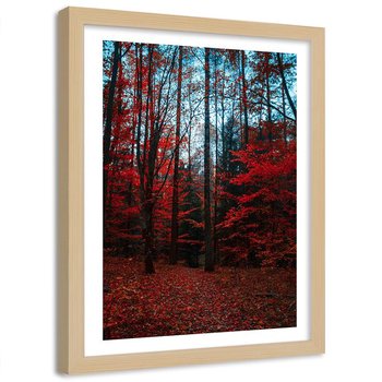 Plakat ozdobny w ramie naturalnej FEEBY Las z drzewami czerwony, 80x120 cm - Feeby