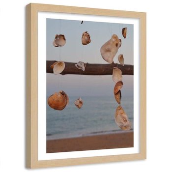 Plakat ozdobny w ramie naturalnej FEEBY Wiszące muszelki plaża, 60x80 cm - Feeby