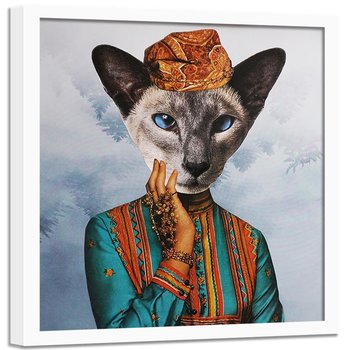 Plakat w ramie białej FEEBY Kobieta z głową kota, 60x60 cm - Feeby