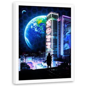 Plakat w ramie białej FEEBY Kosmiczne miasto, 70x100 cm - Feeby