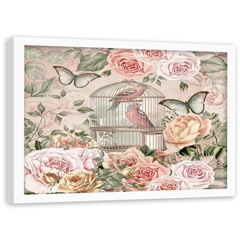 Plakat w ramie białej FEEBY Ptaki w klatce i kwiaty, 70x50 cm - Feeby