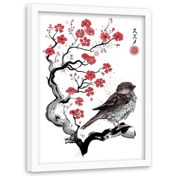 Plakat w ramie białej FEEBY Wróbel na japońskiej wiśni, 40x60 cm - Feeby