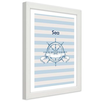 Plakat w ramie białej, Ster i napis Sea 30x45 - Feeby