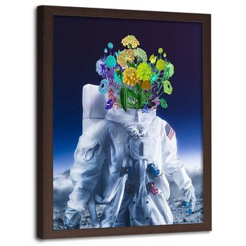 Plakat w ramie brązowej FEEBY Amerykański astronauta i kwiaty, 70x100 cm - Feeby