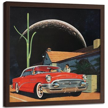 Plakat w ramie brązowej FEEBY Czerwony samochód i księżyc, 60x60 cm - Feeby