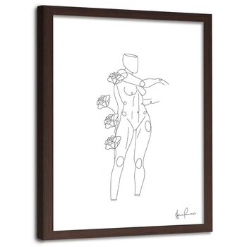 Plakat w ramie brązowej FEEBY Kobieta i róże minimalizm, 50x70 cm - Feeby