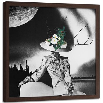 Plakat w ramie brązowej FEEBY Kobieta w kapeluszu z kwiatów, 40x40 cm - Feeby
