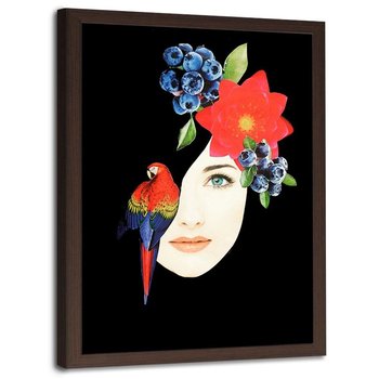 Plakat w ramie brązowej FEEBY Kolaż kobieta z arą, 50x70 cm - Feeby