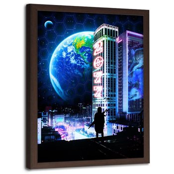 Plakat w ramie brązowej FEEBY Kosmiczne miasto, 50x70 cm - Feeby
