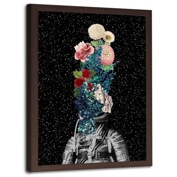 Plakat w ramie brązowej FEEBY Kosmonauta i kwiaty kolaż, 40x60 cm - Feeby