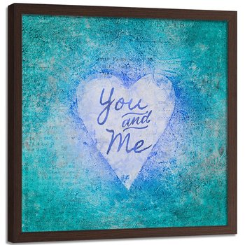 Plakat w ramie brązowej FEEBY, Niebieskie serce i napis, 80x80 cm - Feeby