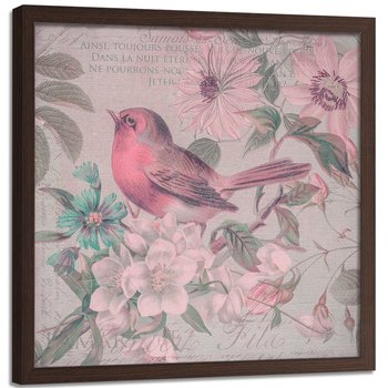 Plakat w ramie brązowej FEEBY Ptak w kwiatach, 60x60 cm - Feeby