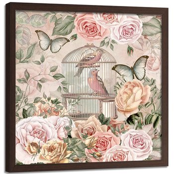 Plakat w ramie brązowej FEEBY Ptaki i kwiaty, 60x60 cm - Feeby