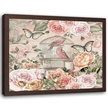 Plakat w ramie brązowej FEEBY Ptaki w klatce i kwiaty, 70x50 cm - Feeby